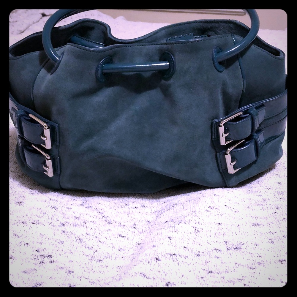 Beautiful emerald green suede & patent leather bag